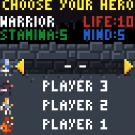 Heroes selection screen. 64x64 ill-fated, RPG stats of characters.