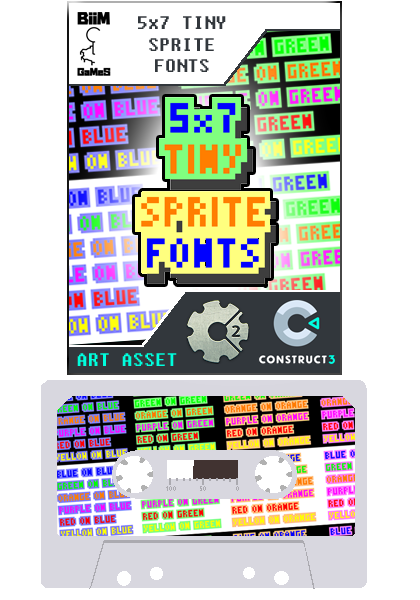 5x7 Tiny Sprite Font with Construct 2 & 3 Kerning by Biim Games. 36 Color combinations in Pixel Art.